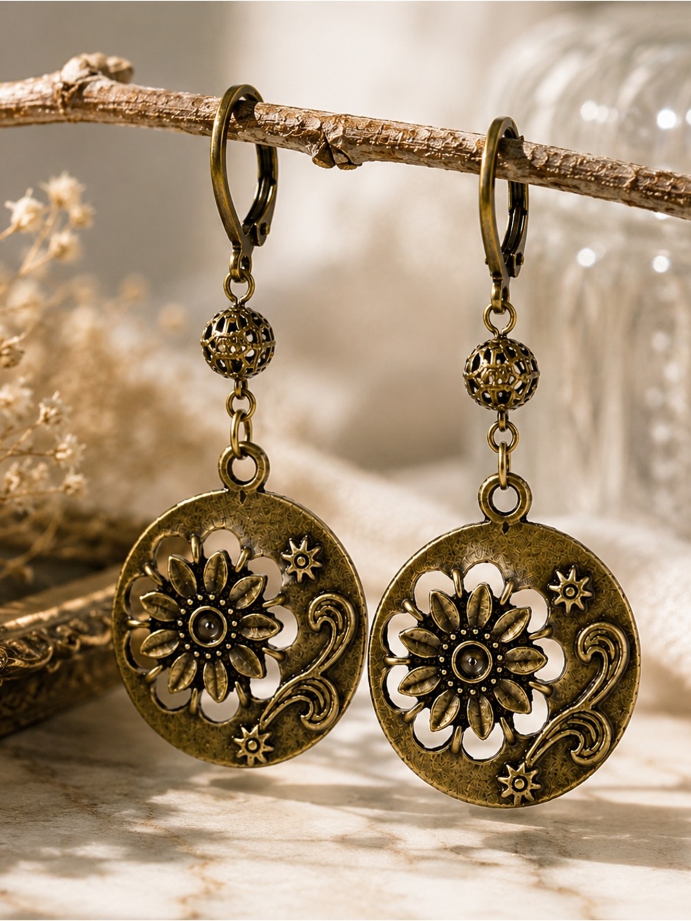 Vintage Floral Earrings Antique Bronze Boho Botanical Dangle Earrings